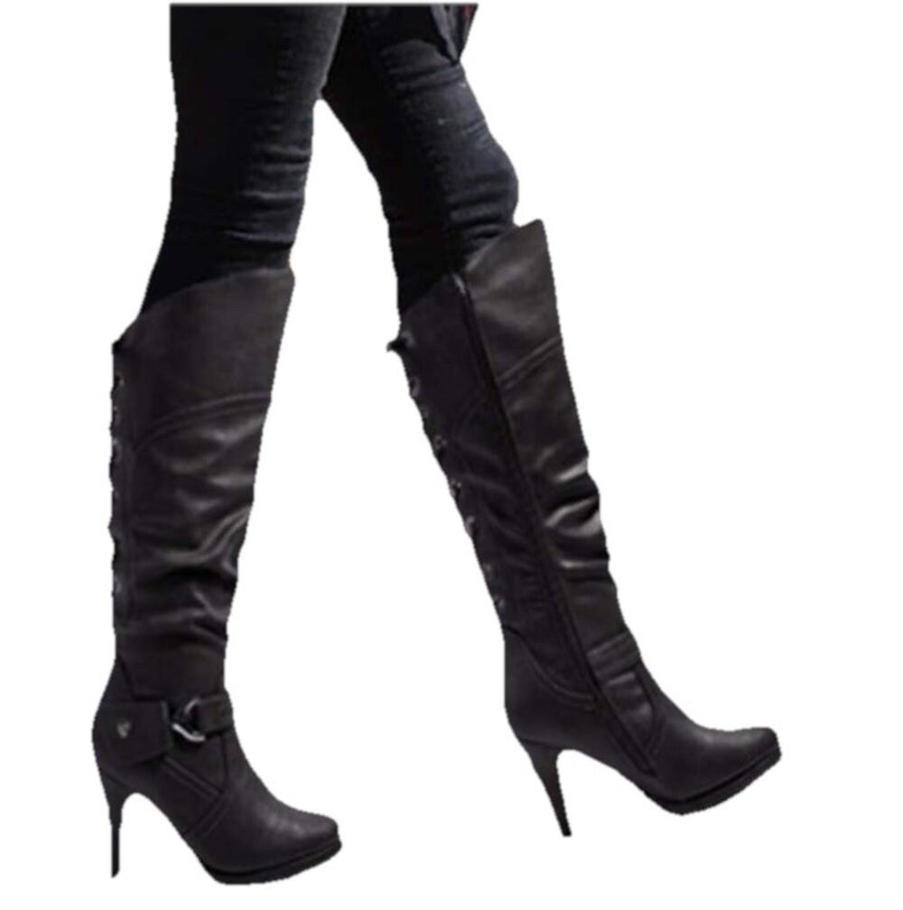 Black Mid-Calf Knee High Lace Up Boots 9 Slouchy Biker Faux Leather katliu NWOT